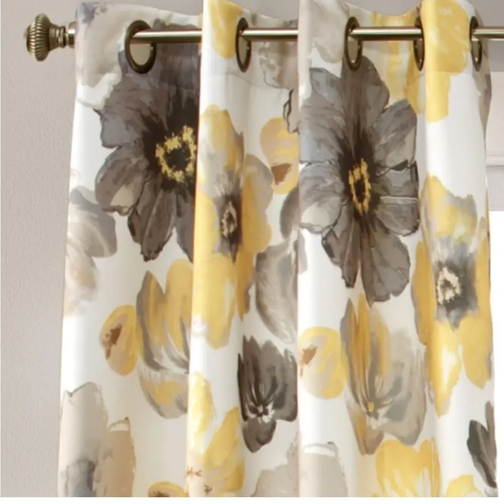 NWT New Half Moon Leah Yellow/White/Grey Floral Curtain Panels 52